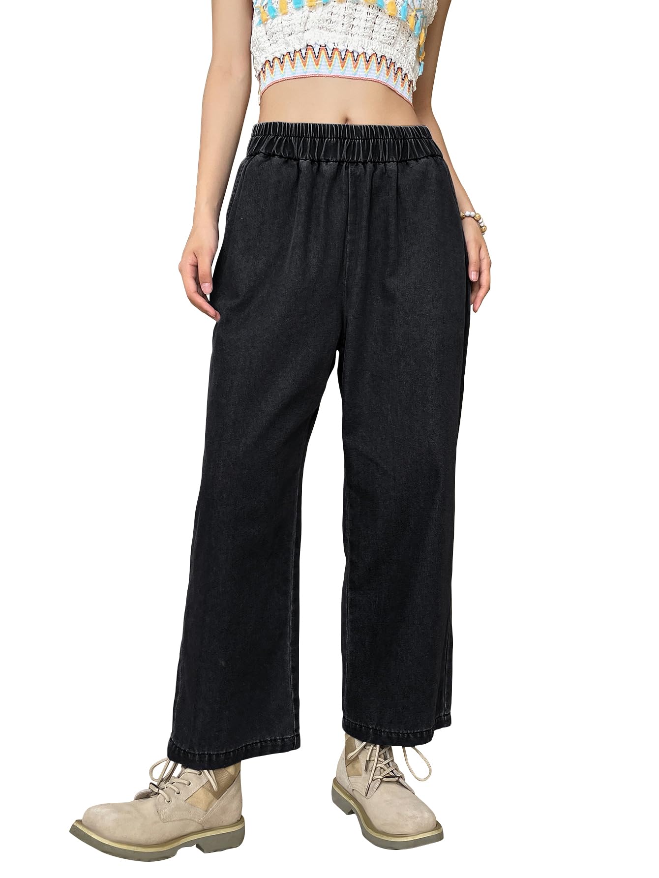 Shasmi Women's Black Denim Cropped Wide Leg Jeans