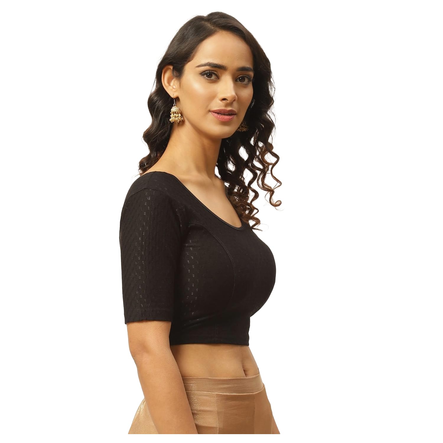 Fressia Round Neck Dobby Cotton Saree Blouse for Women - Image 3