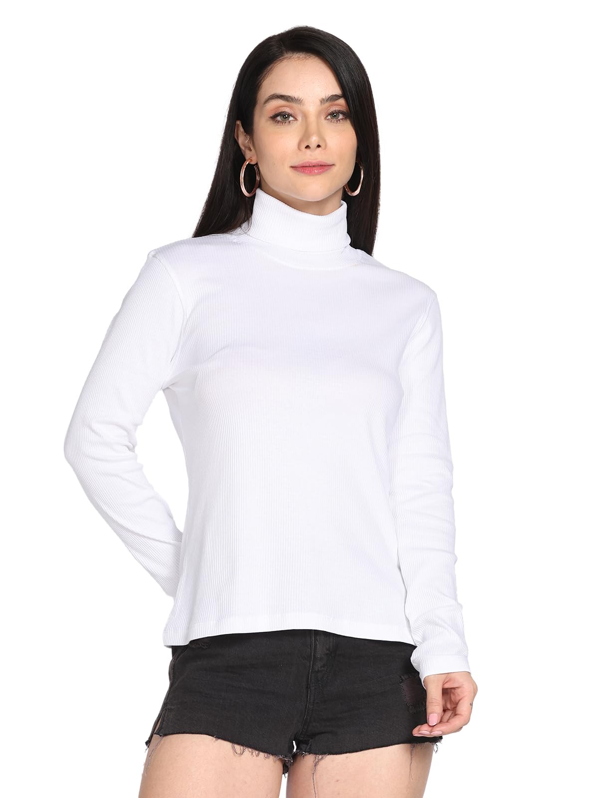 TWIN BIRDS White Turtle Neck Cotton Tees for Women
