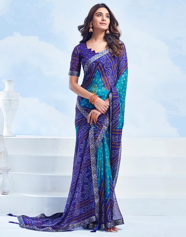 SIRIL Women's Chiffon Bandhani Saree - Blue - Image 3