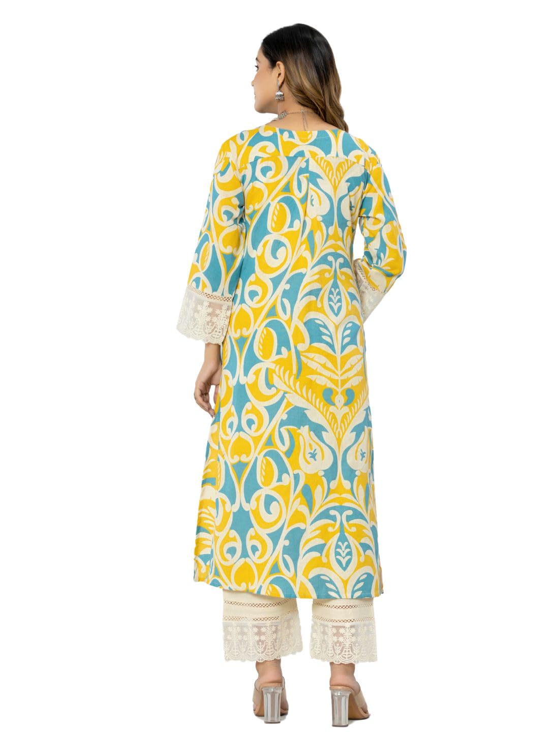 Yellow Cotton Printed A-Line Kurta Pant Set for Women - Image 2
