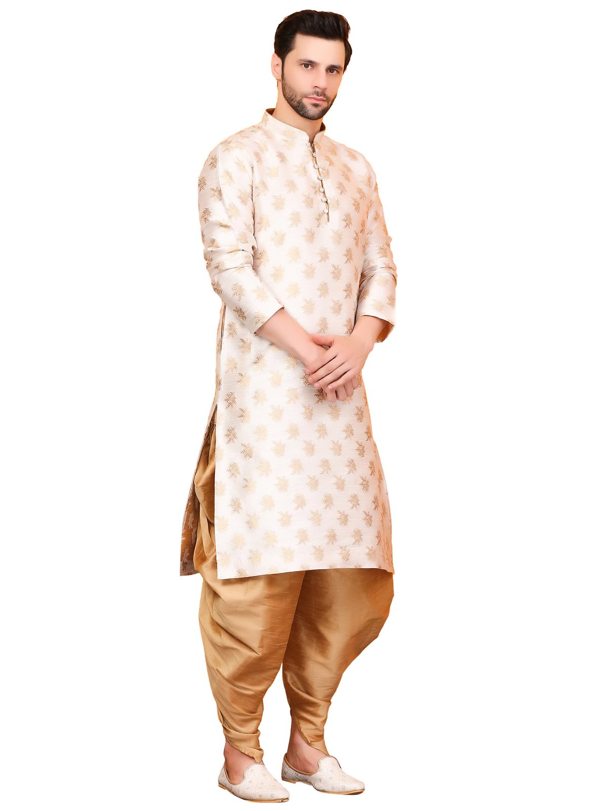 Over Crowd Men Floral Kurta Salwar Set - Cream Gold - Image 5