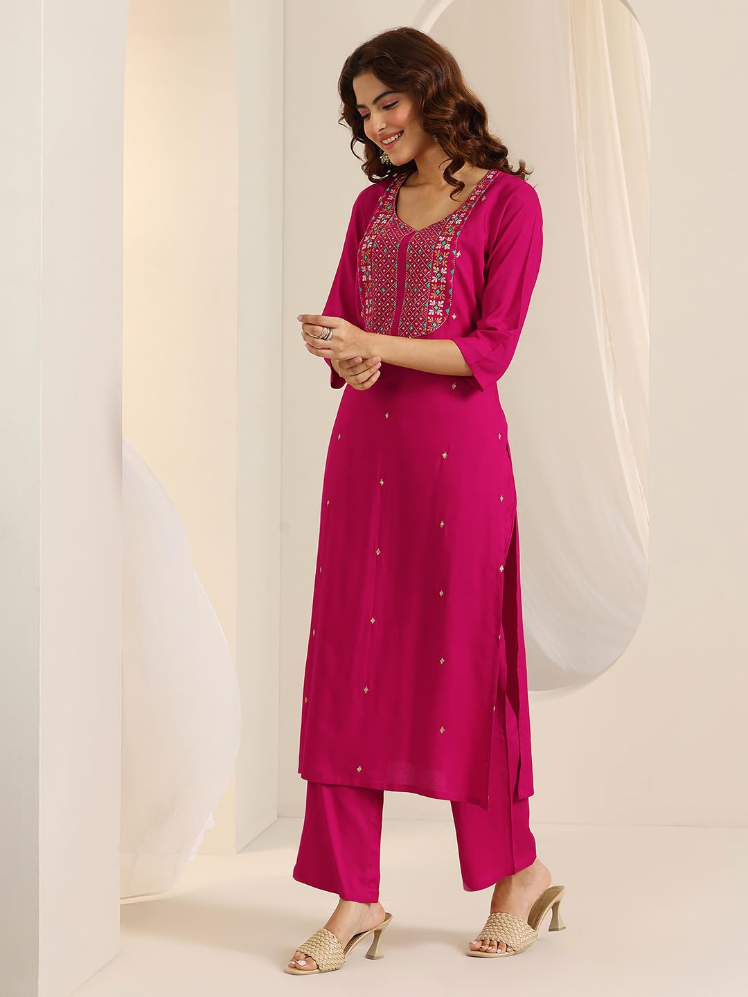 Libas Pink Embroidered Viscose Kurta Set for Women - Image 2
