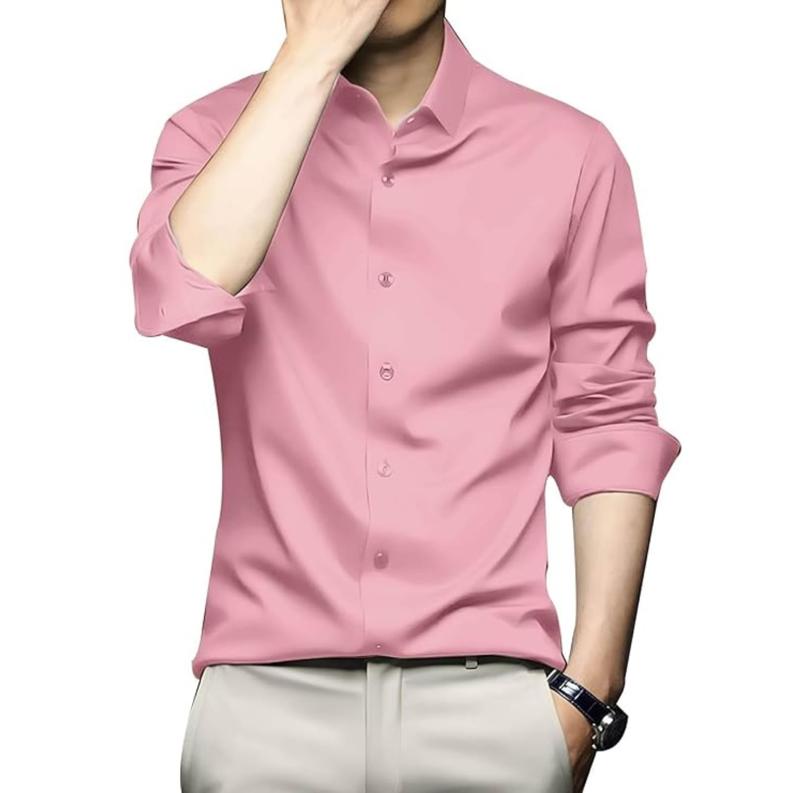 DEELMO Men Light Pink Satin Shirt