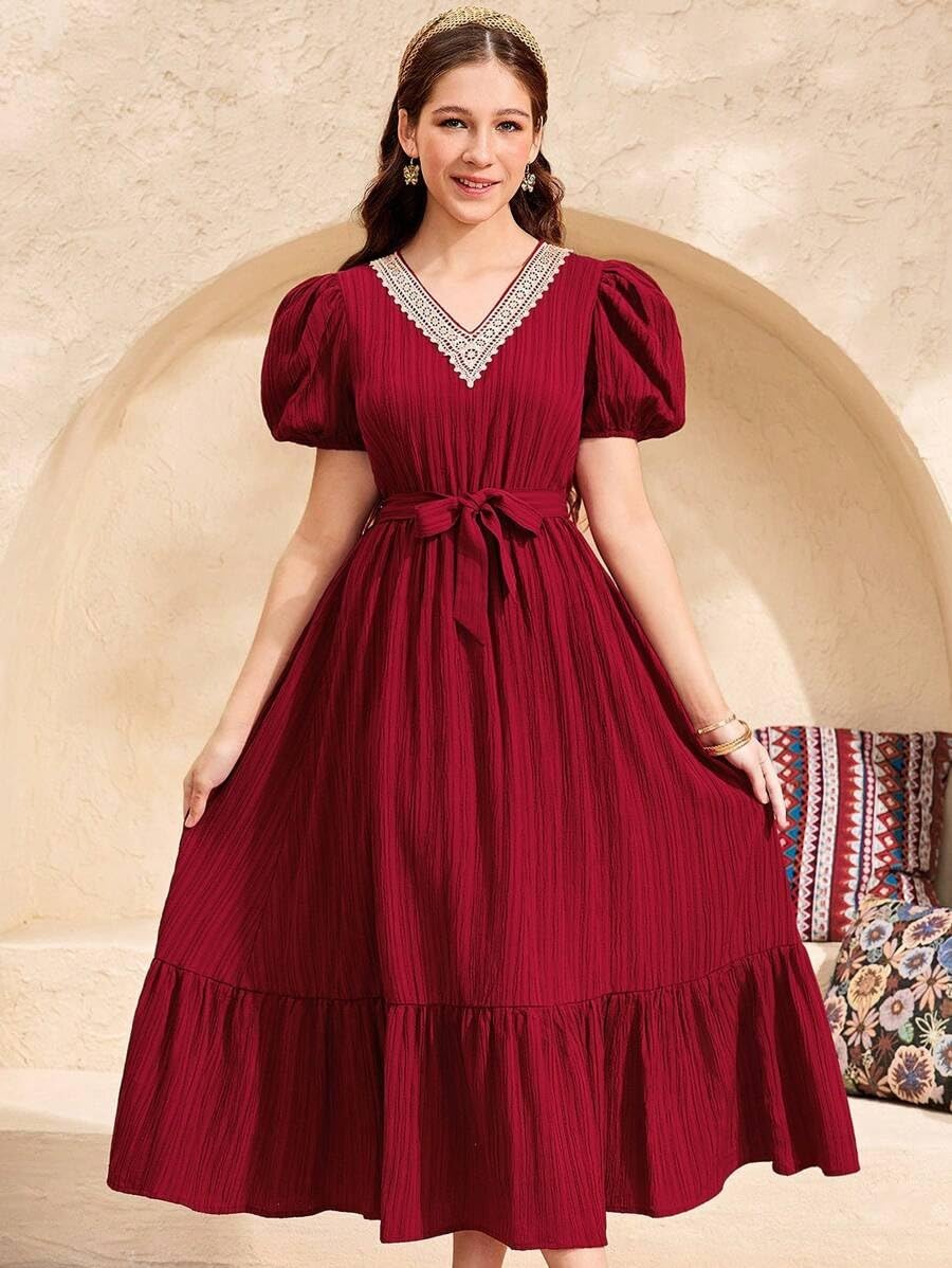 MENSBIT Girl's Puff Sleeve Gown - Maroon - Image 3
