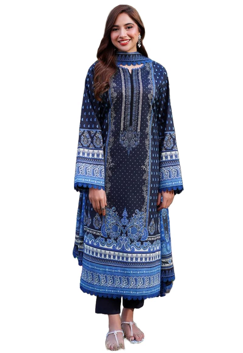 GoSriKi Women's Rayon Viscose Printed Straight Pakistani Kurta Set - Deniz Blue