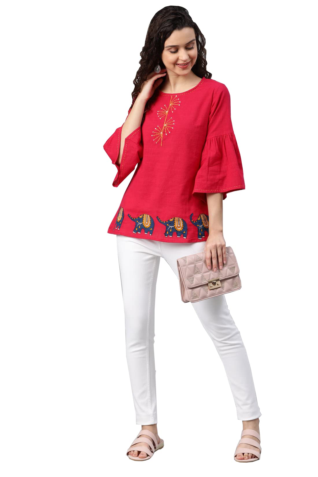 Yash Fashion Women's Cotton Slub Patch Work Top - Image 2