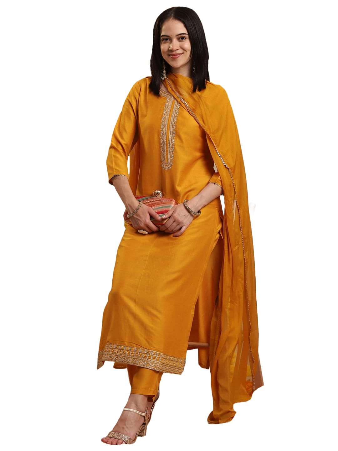 GoSriKi Yellow Jagah Silk Kurta Set for Women