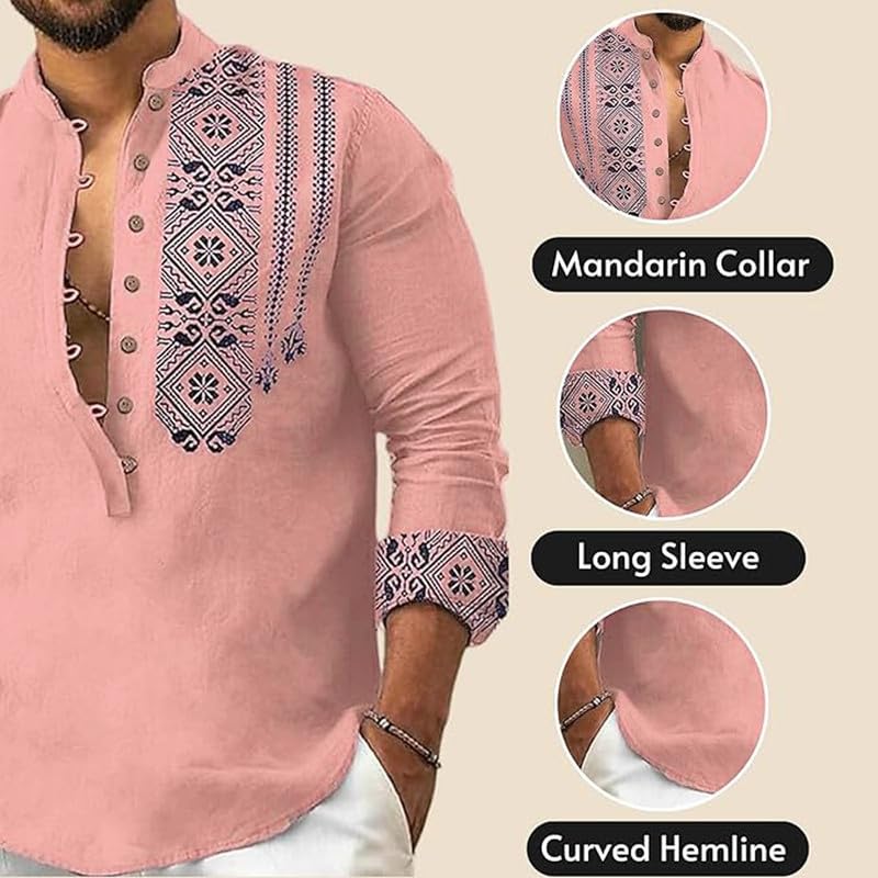 DEELMO Men Cotton Blend Kurta - Pink - Image 3