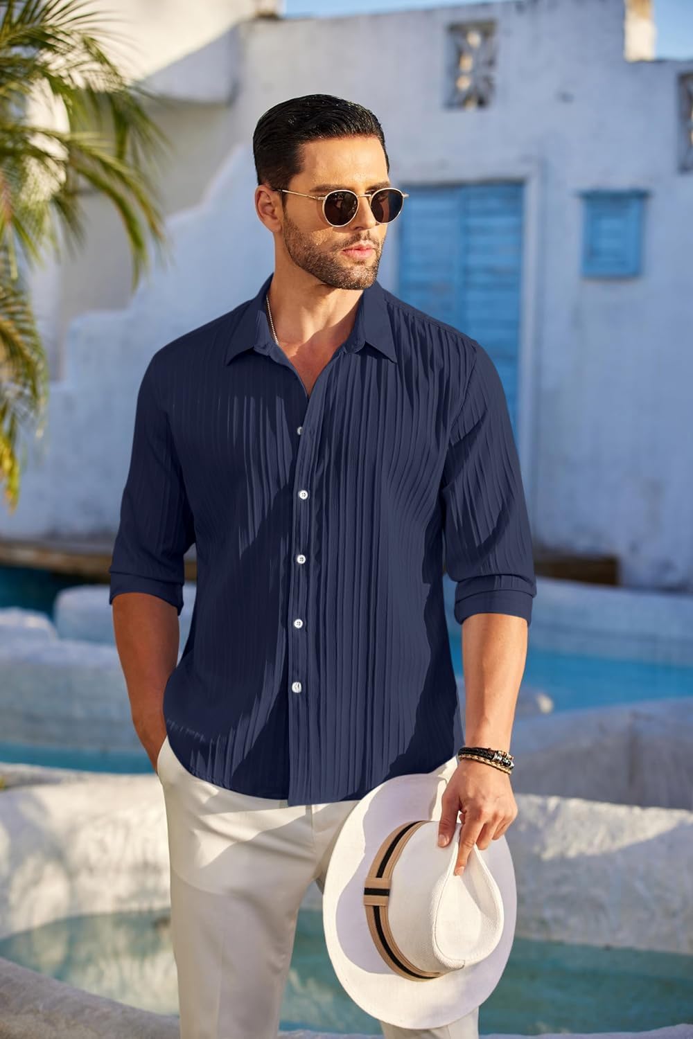 FINIVO Men's Navy Cotton Casual Shirt - Image 5