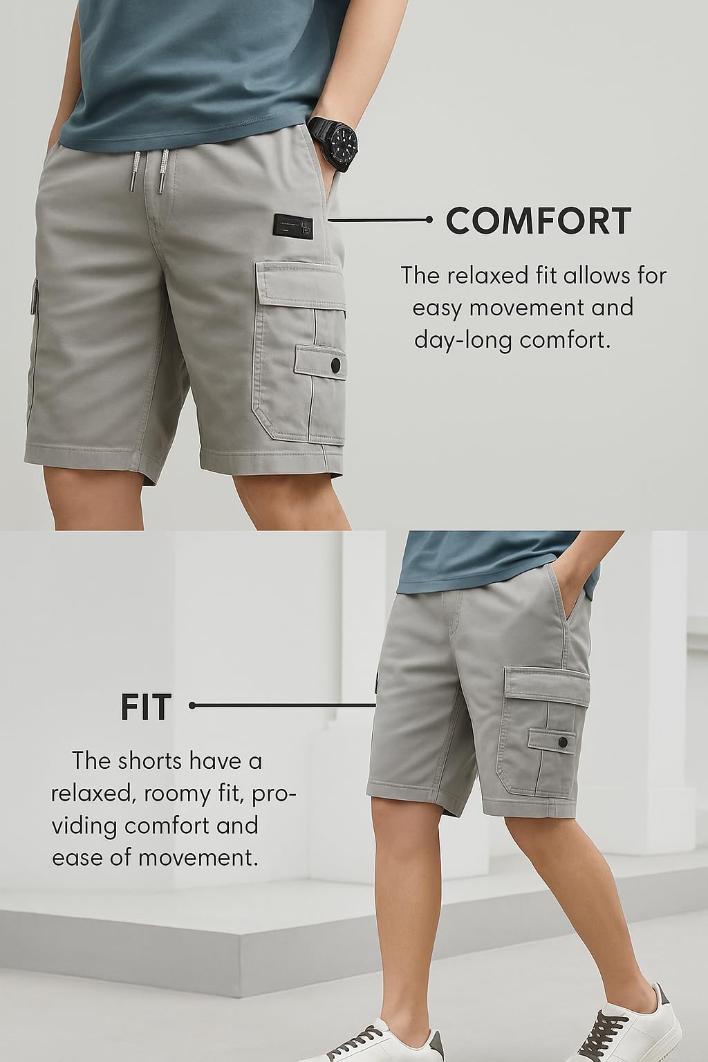 Lymio Men's Casual Cotton Shorts - Light Grey - Image 5