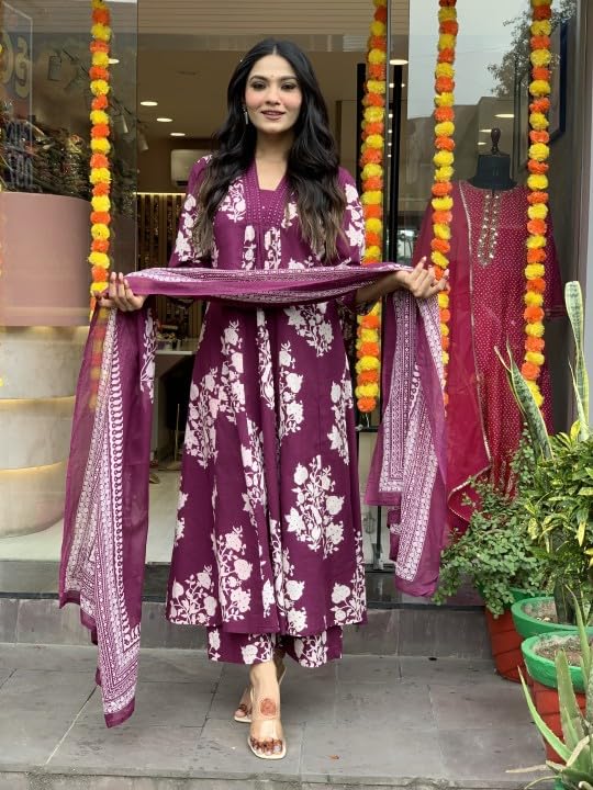 Nermosa Women's Printed A-Line Kurta Pant with Dupatta - Wine - Image 4