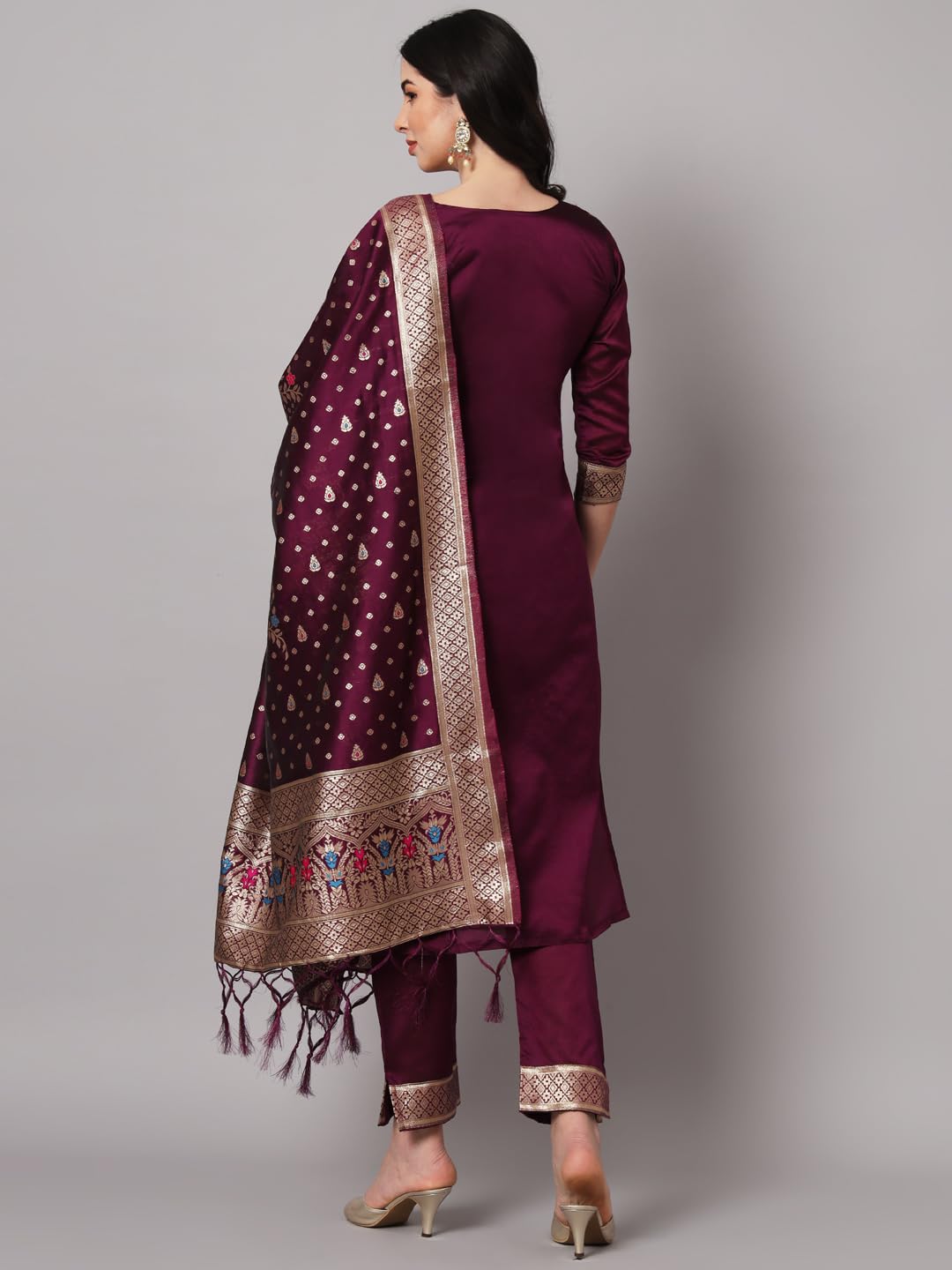 VredeVogel Women's Cotton Silk Kurta Pant with Dupatta - Purple - Image 4