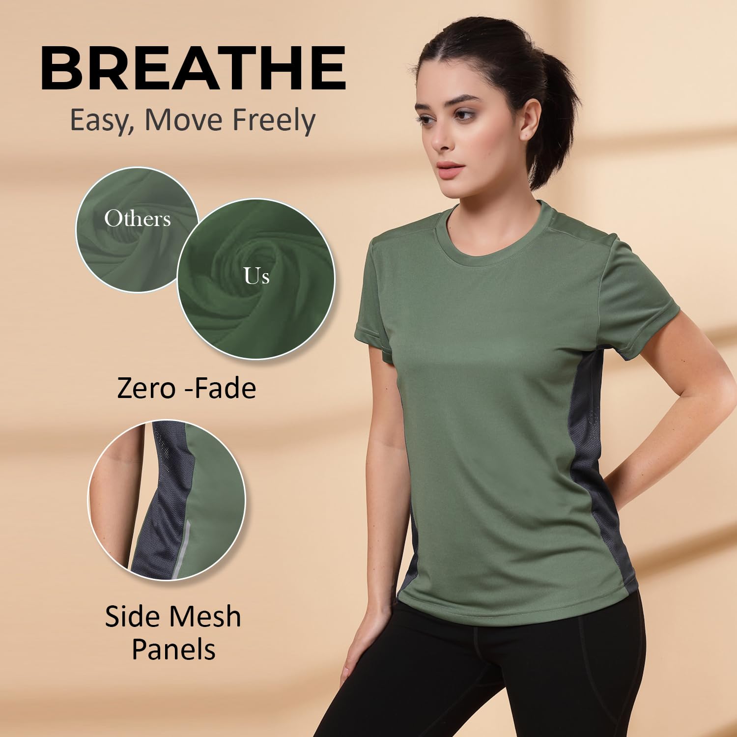 CHKOKKO Women's Polyester Quick Dry Sports Tshirt - Lightgreen - Image 3