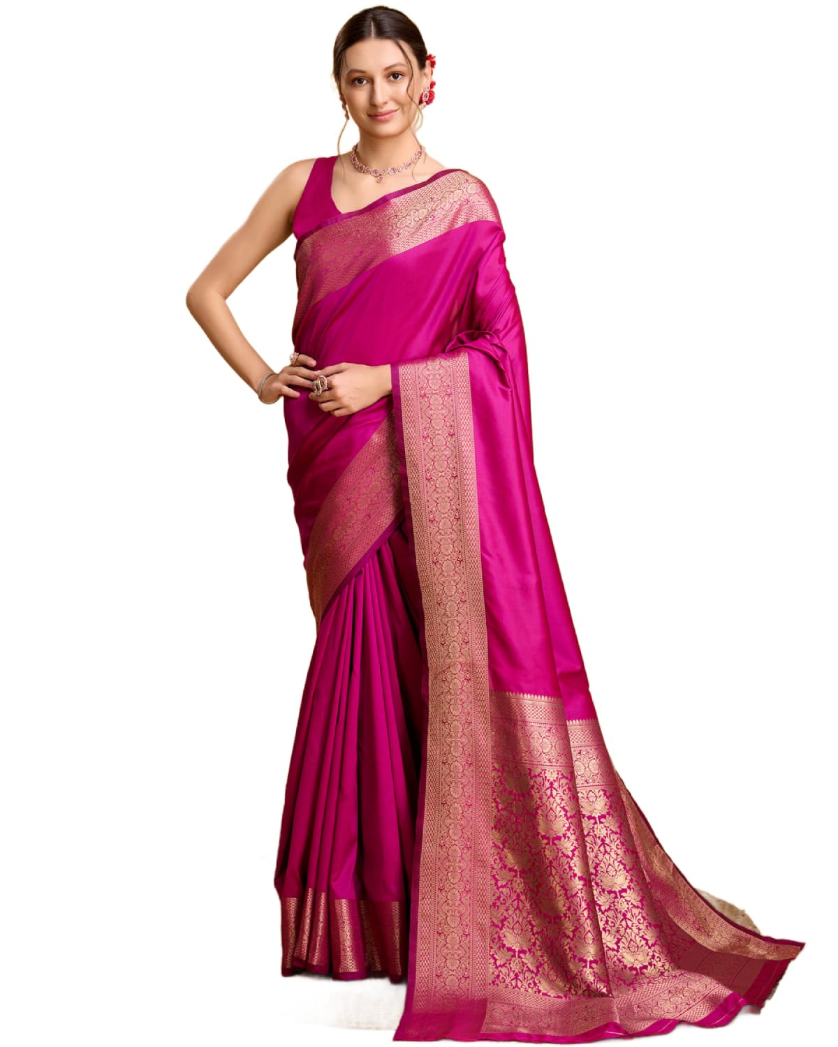SWORNOF Women's Kanjivaram Saree - Dark Pink