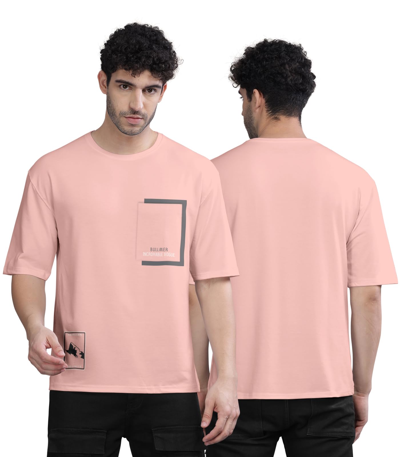 BULLMER Front Printed Round Neck T-shirt for Men - Peach
