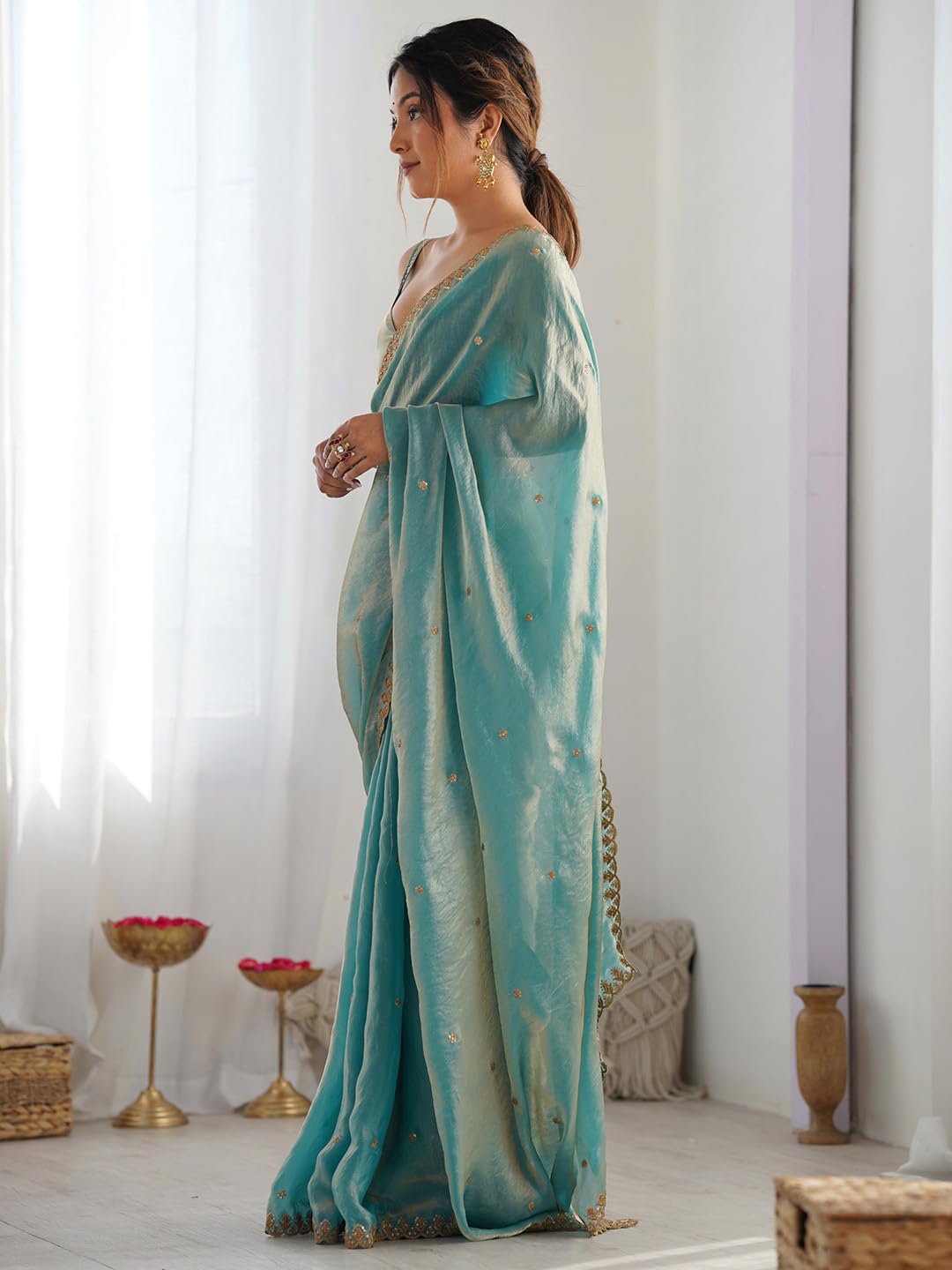 Paper Silk Embroidered Saree - Light Blue - Image 4