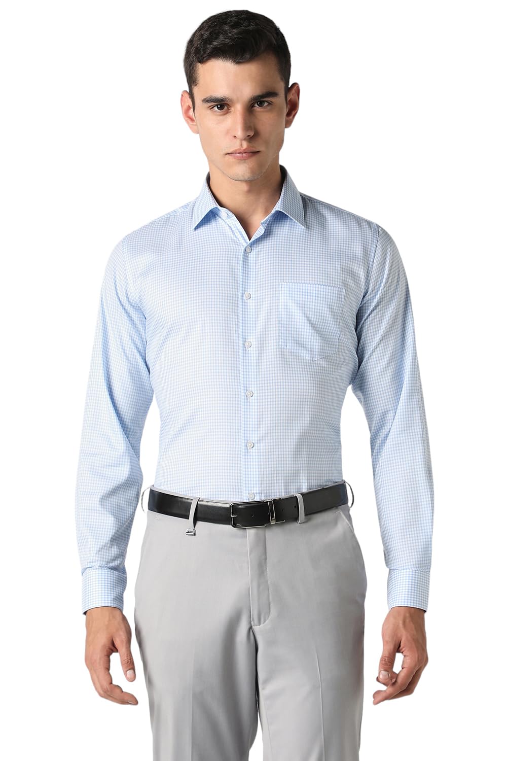 Van Heusen Men's Slim Fit Cotton Check Shirt - Light Blue
