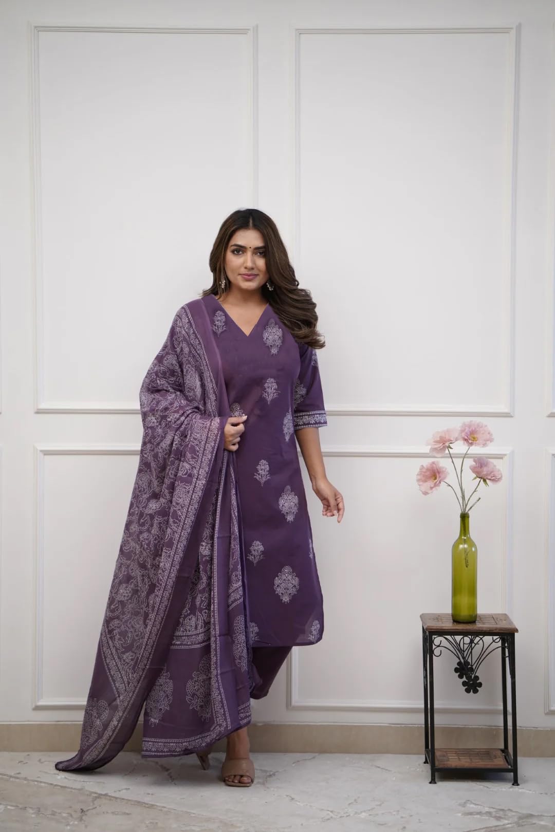 GoSriKi Women's Kurta with Pant & Dupatta - Purple - Image 3