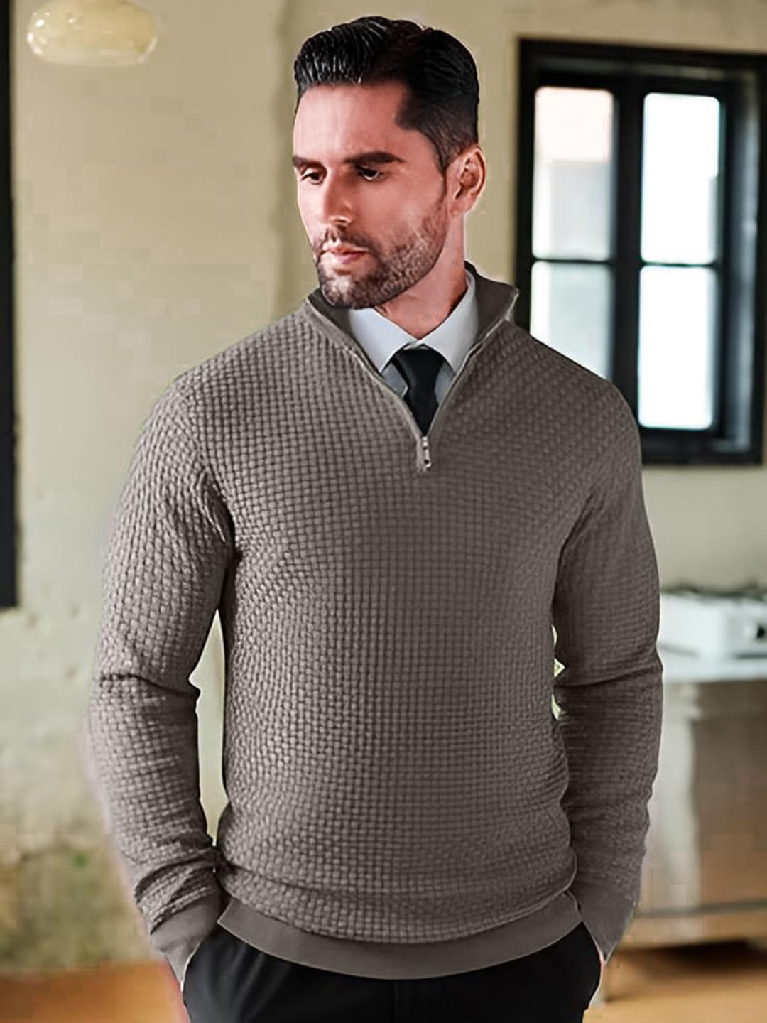 TYSORT Men's High Neck Zipper Sweater - Black - Image 3