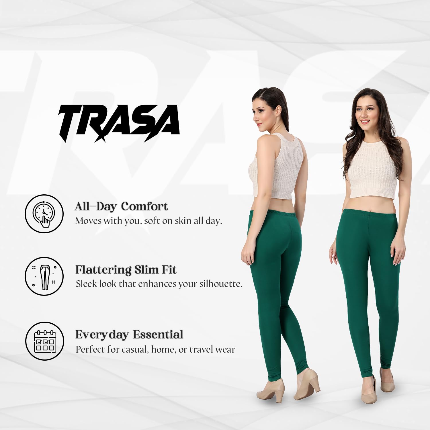 TRASA Churidar Leggings for Women - Forest Green - Image 2