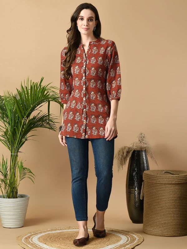 Meesan Women's Rust Printed Cotton Tunic Top - Image 3