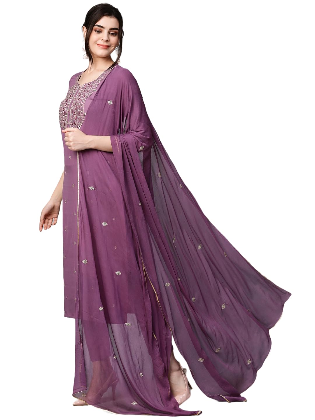 GoSriKi Kasturi Purple Embroidered Cotton Kurta Set for Women