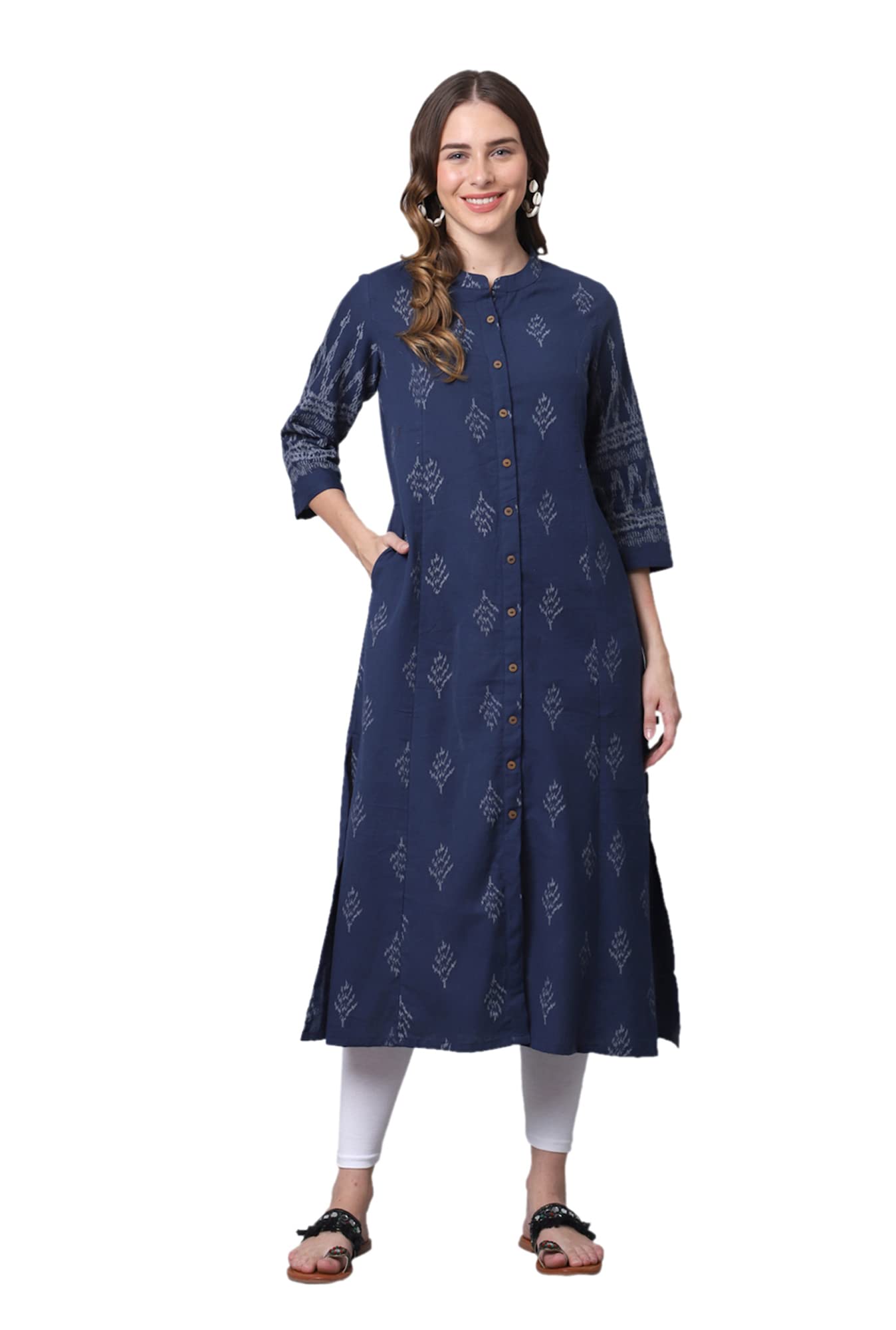 GarbGlide Women Cotton Ikat Print A-Line Kurta - Navy Blue
