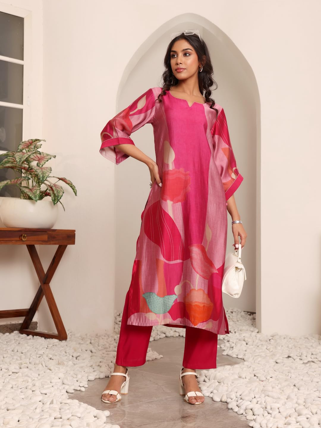 Varanga Women's Chanderi Kurta - Fuchsia Pink - Image 3