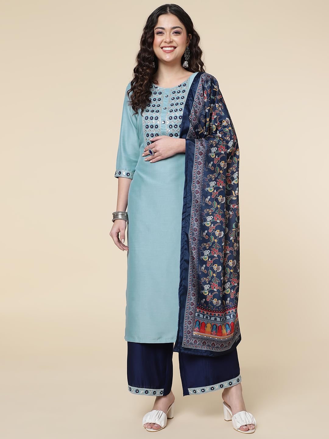Shiv Textiles Silk Embroidered Kurta Set for Women - Sky Blue - Image 4