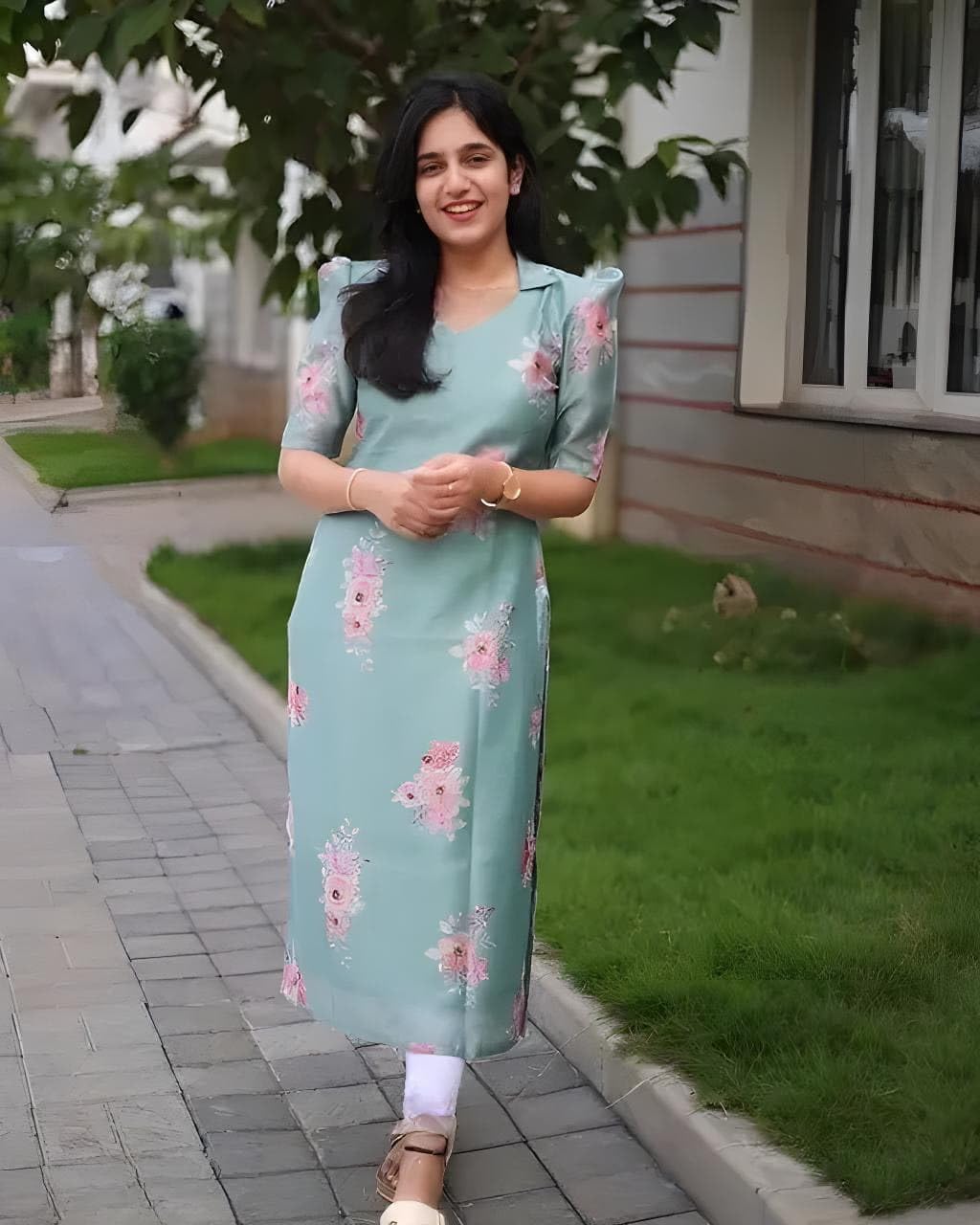 Poru IMPEX Women's Floral Organza Kurti - Aqua Blue - Image 3