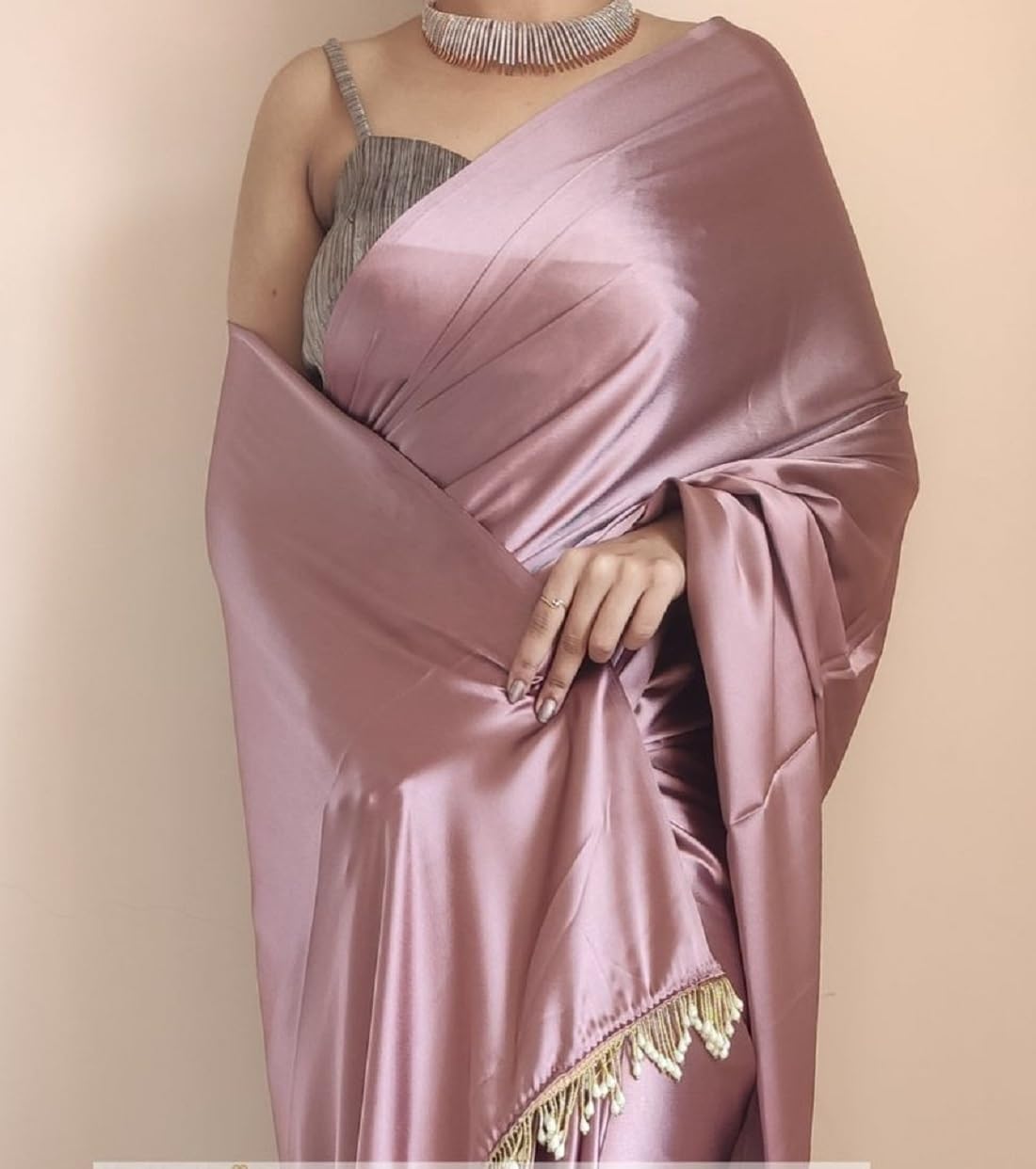 SATAZ Rose Gold Satin Silk Saree for Women - Image 5