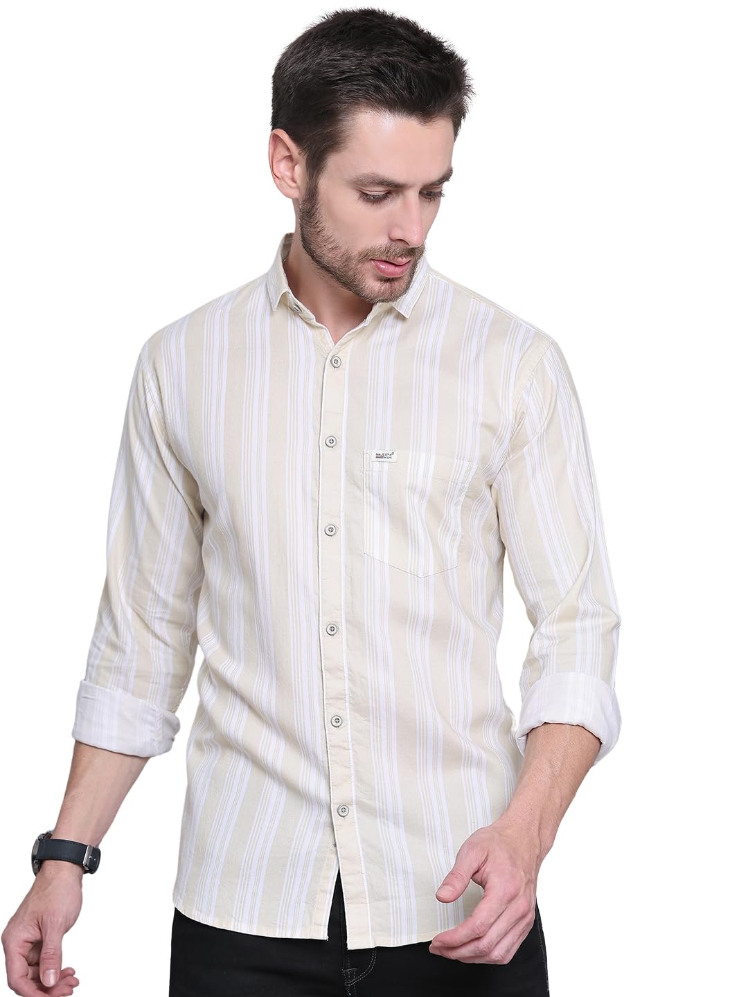 Majestic Man Classic Slim Fit Striped Cotton Shirt - Lemon