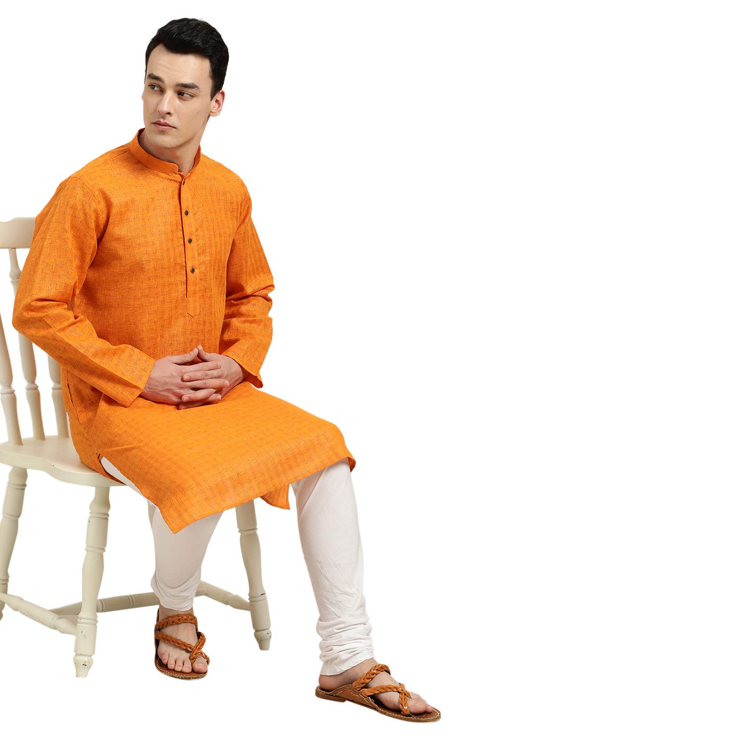 SOJANYA Men's Cotton Linen Checked Long Kurta - Orange - Image 5