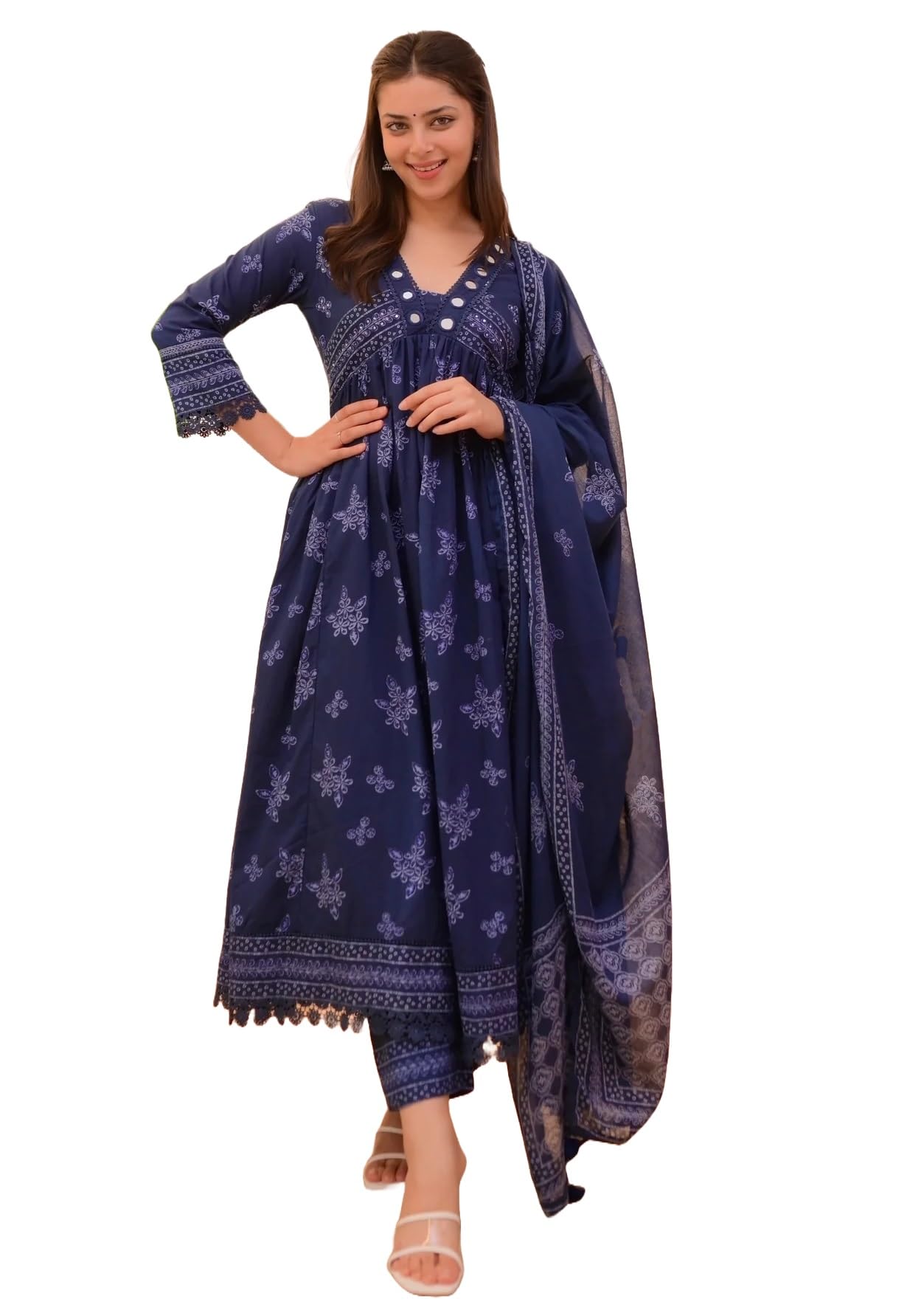 Nermosa Women Printed Anarkali Kurta Set - Blue