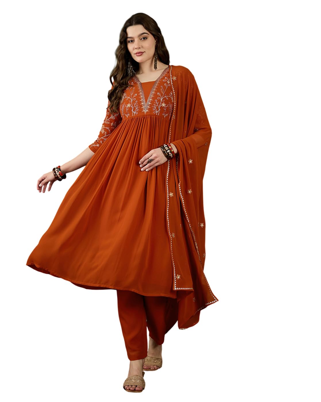 SheWill Orange Georgette Naira Cut Kurta