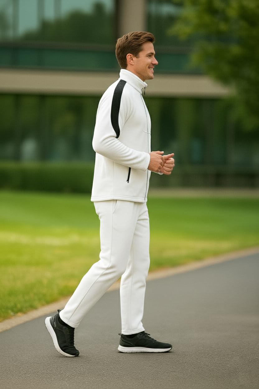 CHKOKKO Men's Winter Tracksuit - High Neck, Full-Zipper, White Black - Image 4