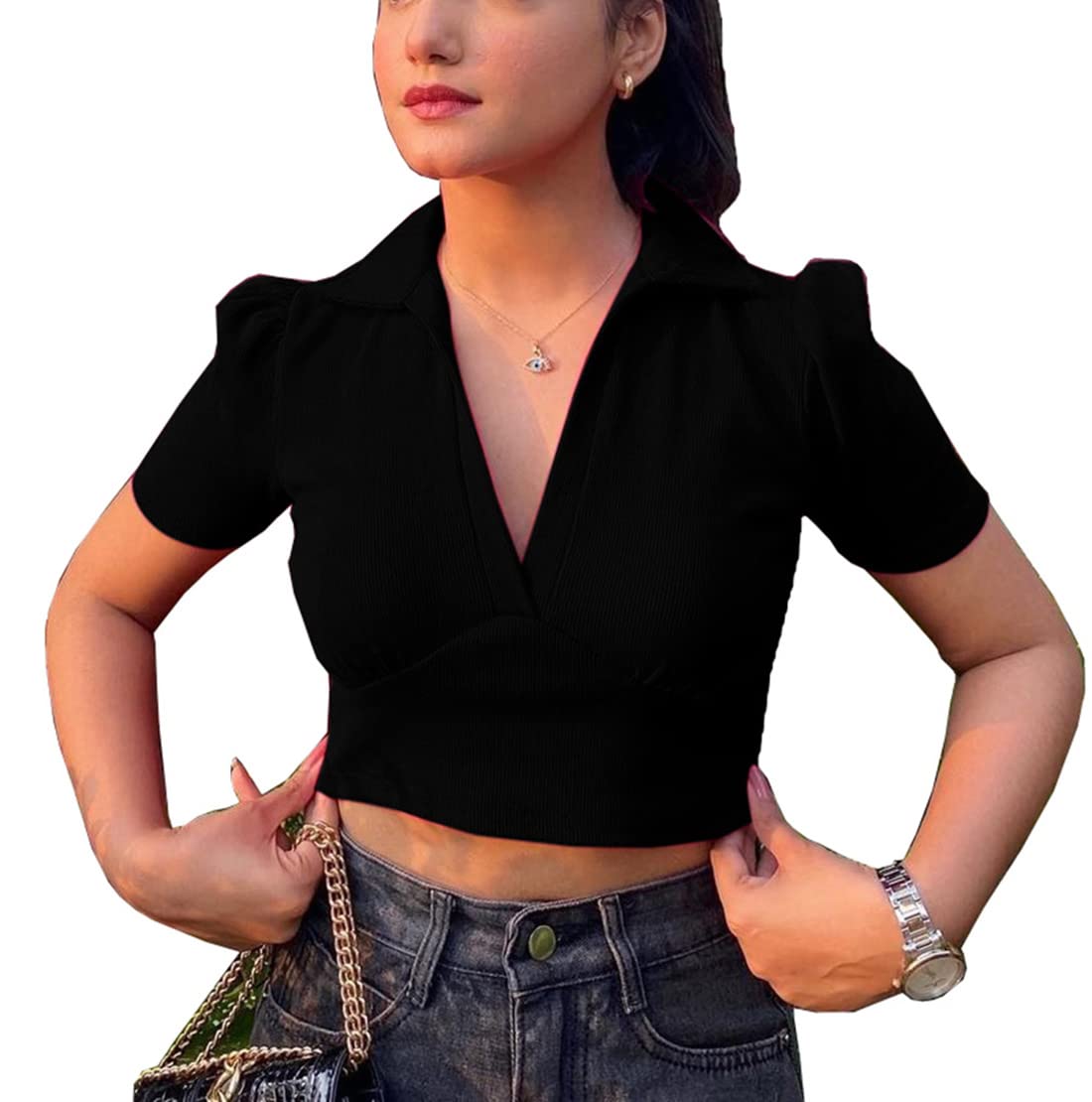 Aahwan Cotton V Neck Crop Top for Women - Black