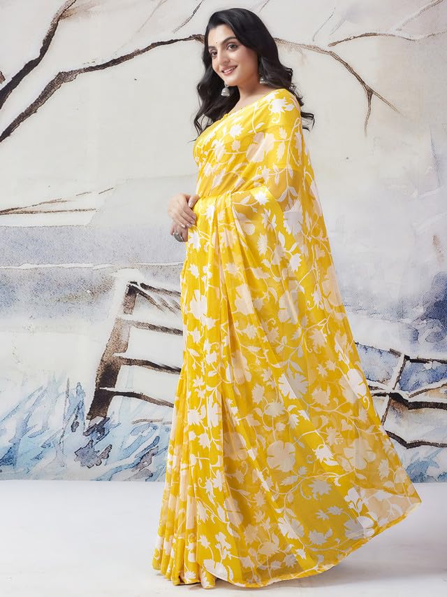 Satrani Georgette Floral Saree - Yellow - Image 3