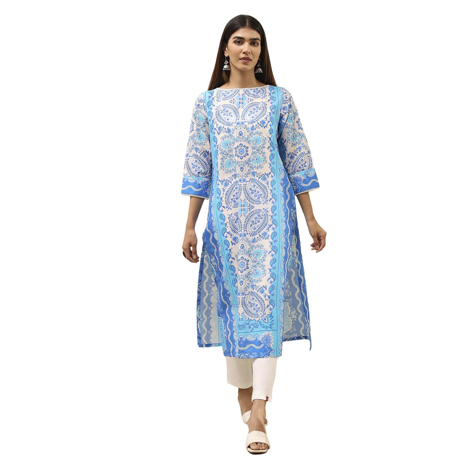 BIBA Women's Cambric Printed Straight Kurta - Dark Blue
