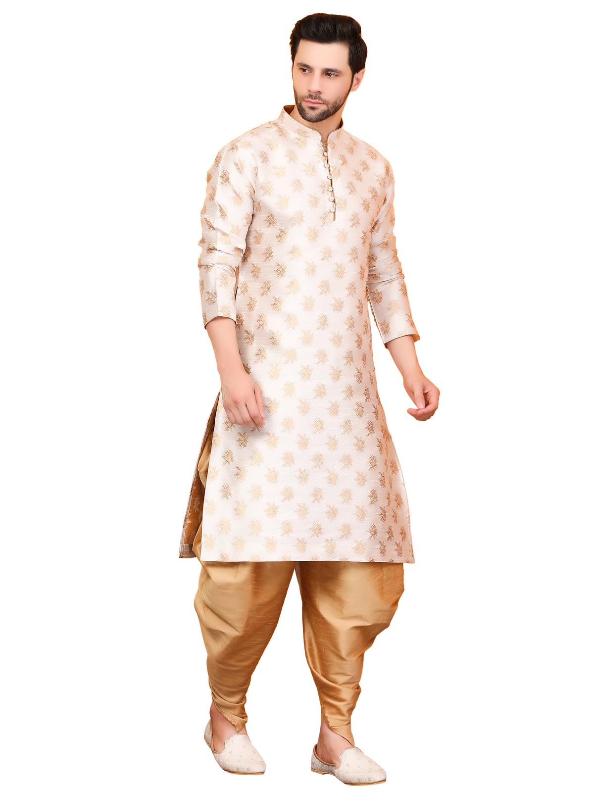 Over Crowd Men Floral Kurta Salwar Set - Cream Gold - Image 4