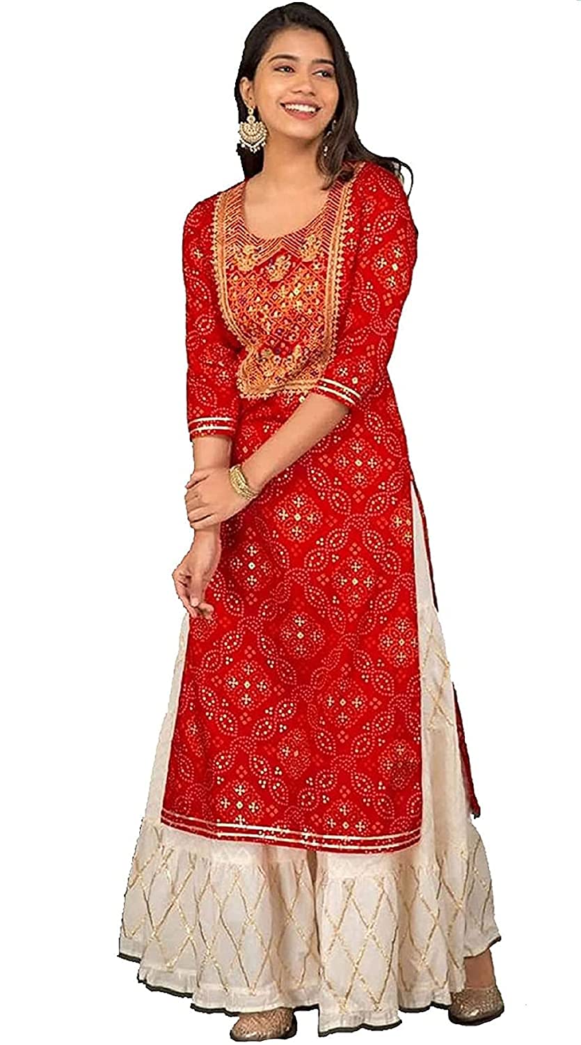 GarbGlide Women's Rayon Kurta with Palazzo - Golden Foil Printed Red