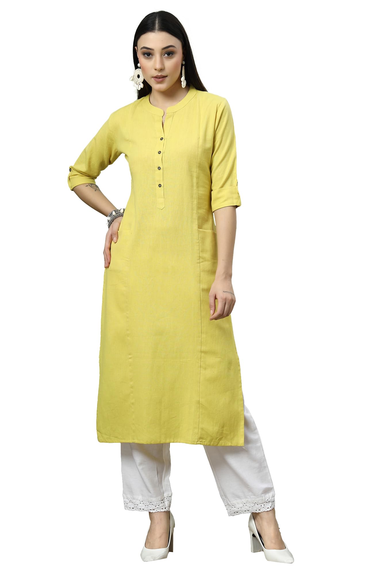 GarbGlide Women Cotton Kurta - Lime Yellow
