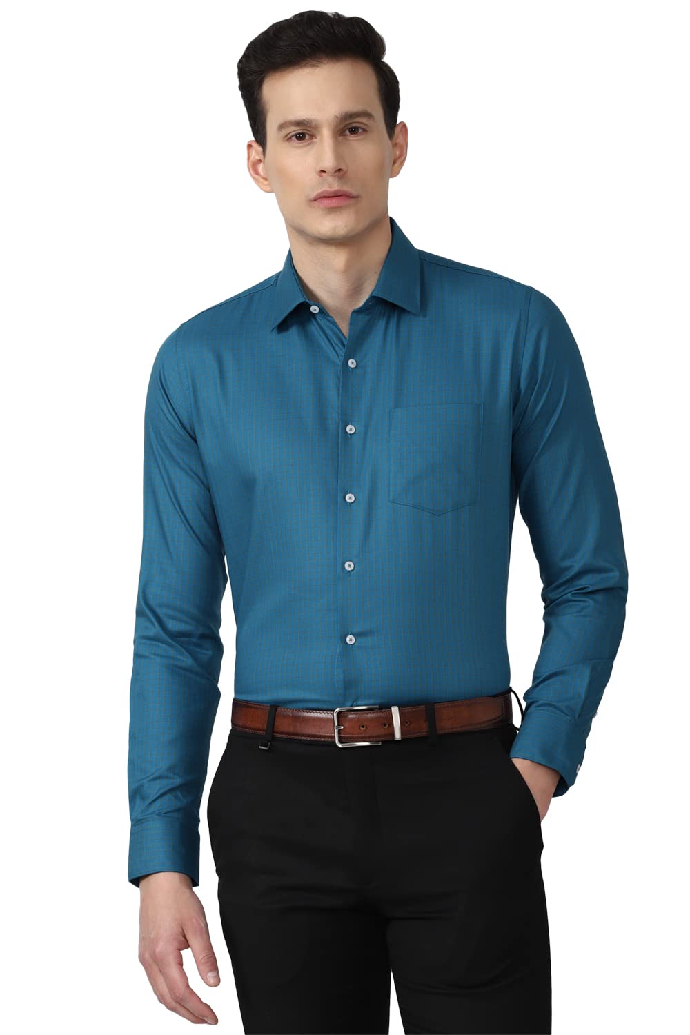 Van Heusen Men's Cotton Solid Slim Fit Shirt - Teal