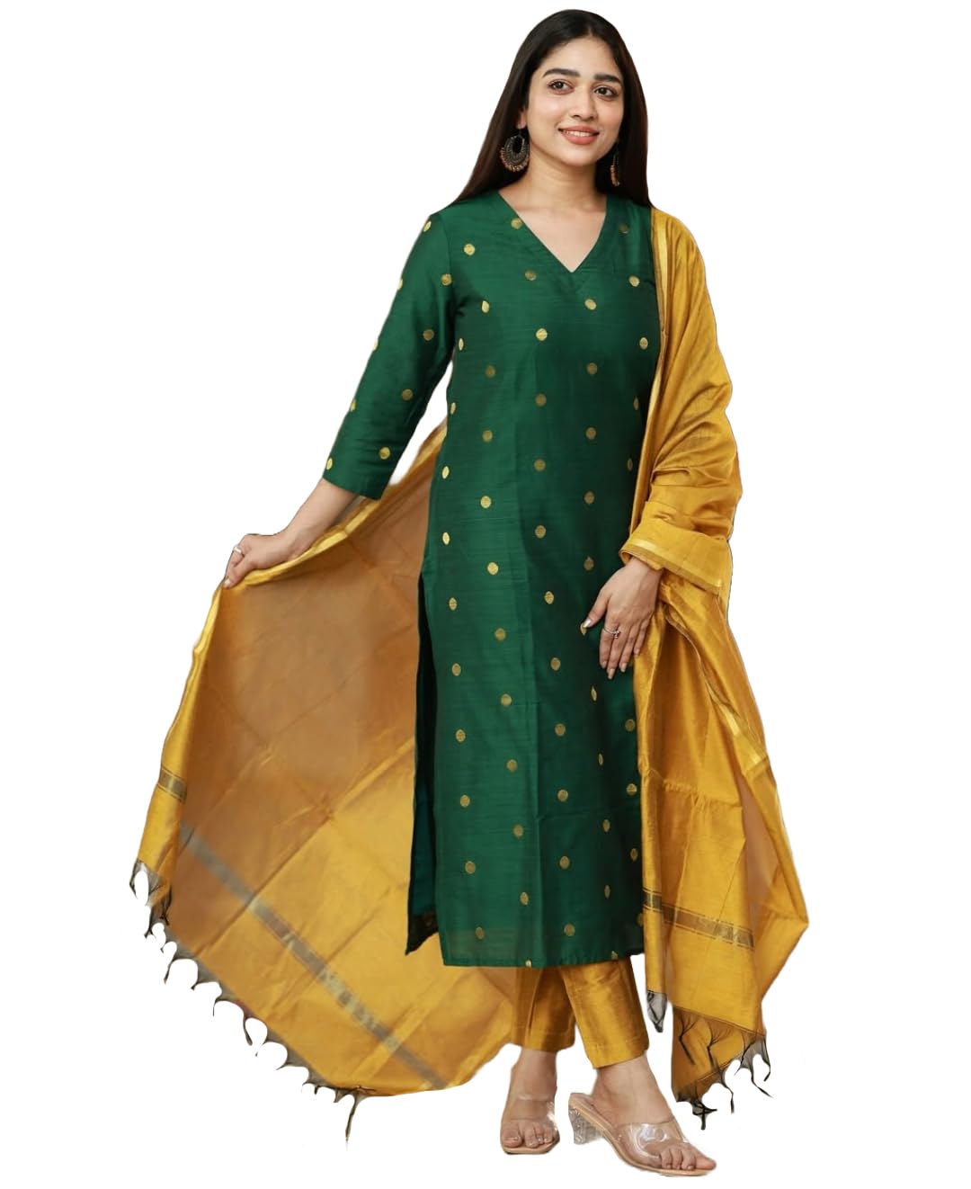 GoSriKi Women's Kurta with Pant & Dupatta - Green