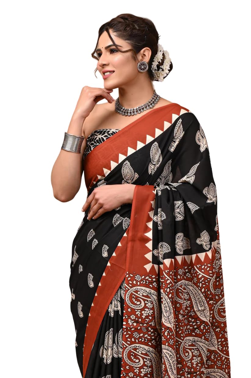 Crafts Moda Women's Pure Cotton Saree - Black, Brown