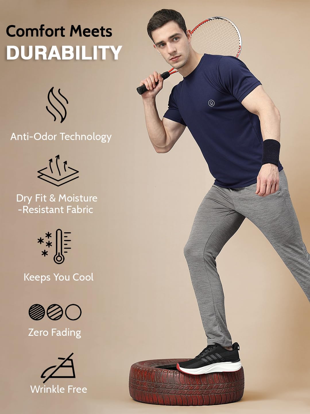 CHKOKKO Navy Blue Quick Dry Gym T-Shirt for Men - Image 2