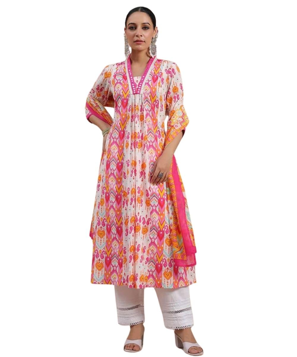 GRECIILOOKS Women's Rayon Floral Kurta Set - Pink