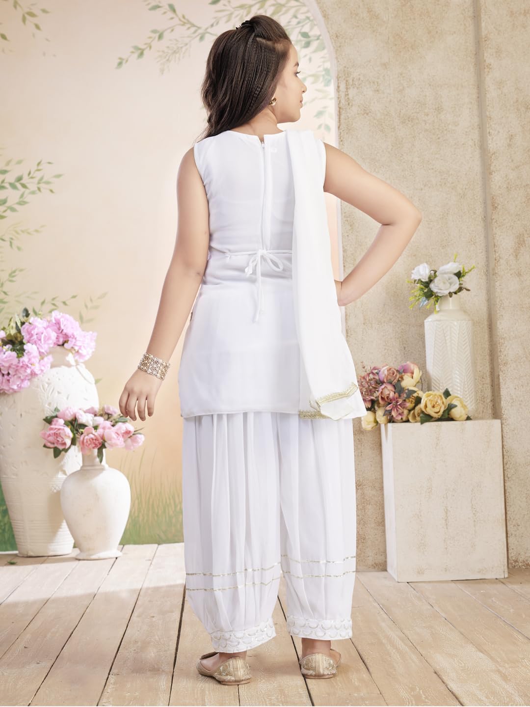 Aarika Girls White Sequin Kurti Patiala Set - Image 4