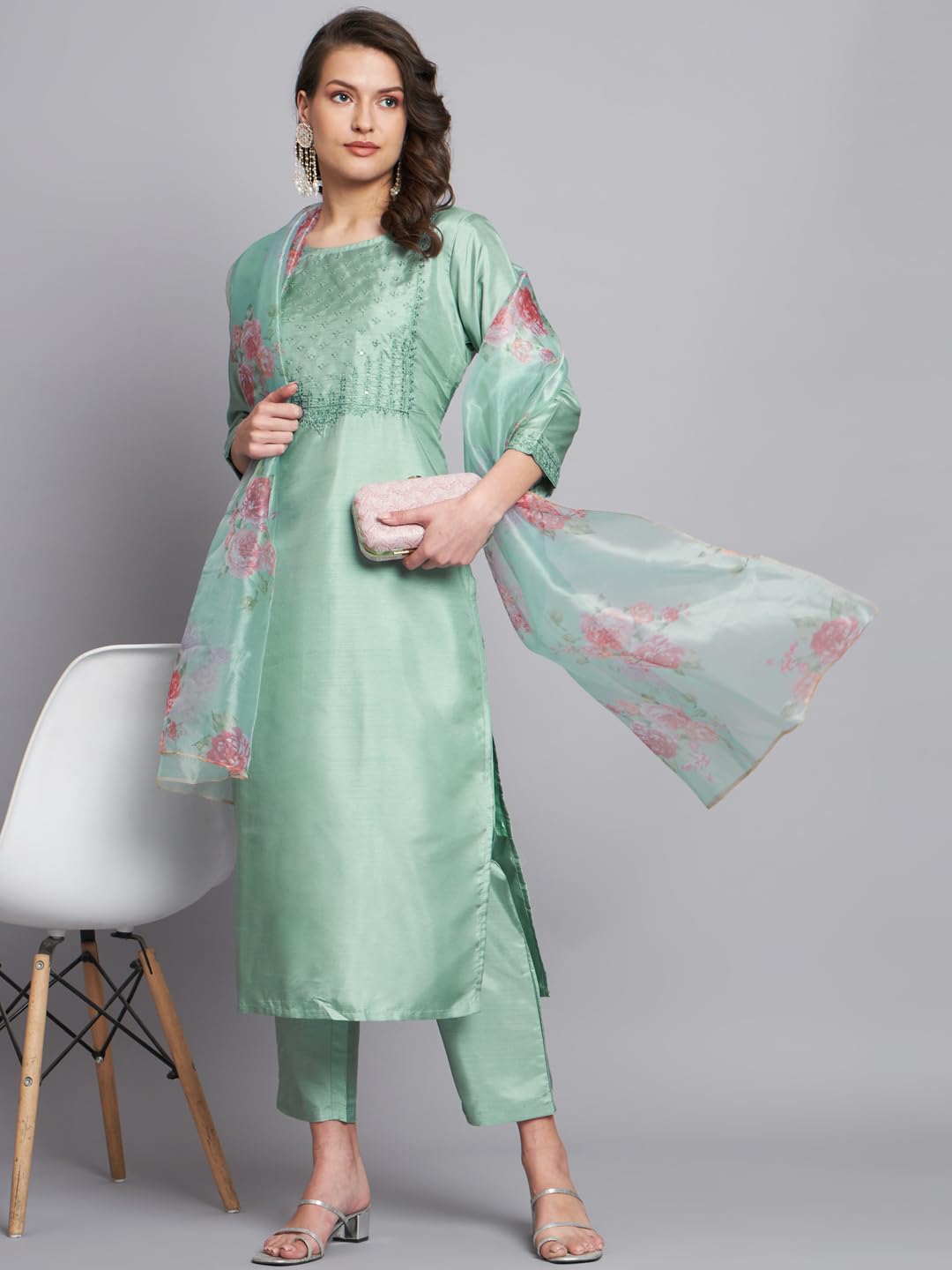 VredeVogel Women's Silk Blend Kurta Pant Set - Sea-Green - Image 2